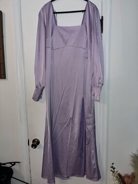 Lilac Satin Maxi Dress with Square Neck and Long Sleeves
